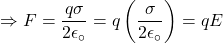 \[\Rightarrow F=\frac{q\sigma}{2\epsilon_\circ}=q\left(\frac{\sigma}{2\epsilon_\circ}\right)=qE\]