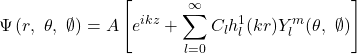 \[\mathrm{\Psi}\left(r,\ \theta,\ \emptyset\right)=A\left[e^{ikz}+\sum_{l=0}^{\infty}{C_lh_l^1(kr)Y_l^m(\theta,\ \emptyset)}\right]\]