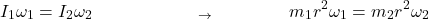 \[I_1\omega_1=I_2\omega_{2\ \ \ \ \ \ \ \ \ \ \ \ \ \ \ \ \ \ \rightarrow\ }{\ \ \ \ \ \ \ \ \ \ \ \ m}_1r^2\omega_1=m_2r^2\omega_2\]