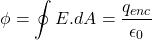 \[\phi=\oint{E.dA}=\frac{q_{enc}}{\epsilon_0}\]