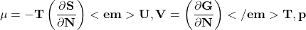 \[\mathbf{\mu=-T\left(\frac{\partial S}{\partial N}\right)<em>{U,V}=\left(\frac{\partial G}{\partial N}\right)</em>{T,p}}\]