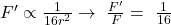 F^\prime\propto\frac{1}{16r^2}\rightarrow\ \frac{F^\prime}{F}=\ \frac{1}{16}