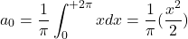 \[a_0=\frac{1}{\pi}\int_{0}^{+2\pi}xdx=\frac{1}{\pi}(\frac{x^2}{2})\]