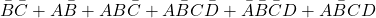 \[\bar{B}\bar{C}+A\bar{B}+AB\bar{C}+A\bar{B}C\bar{D}+\bar{A}\bar{B}\bar{C}D+A\bar{B}CD\]