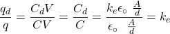 \[\frac{q_d}{q}=\frac{C_dV}{CV}=\frac{C_d}{C}=\frac{k_e\epsilon_\circ\ \frac{A}{d}}{\epsilon_\circ\ \ \frac{A}{d}\ }=k_e\]